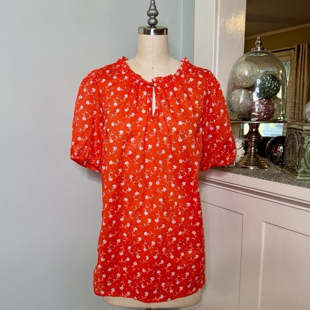 Talbots Ruffle Popover Blouse Scattered Blossoms Orange with White Flowers Large - Picture 2 of 10